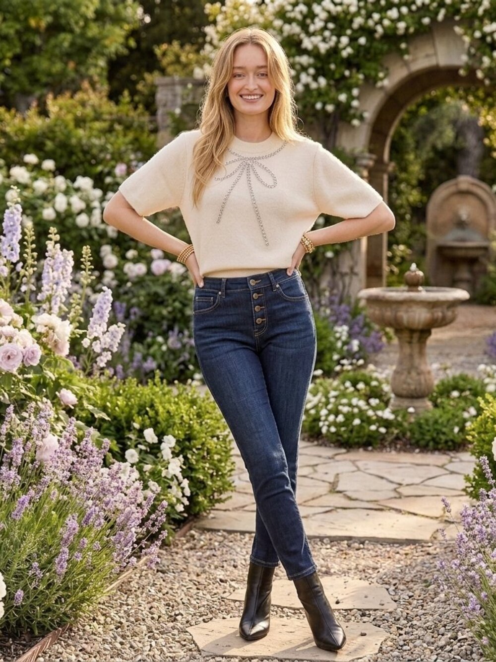 ENTRO Beaded Bow Short Sleeve Sweater Top